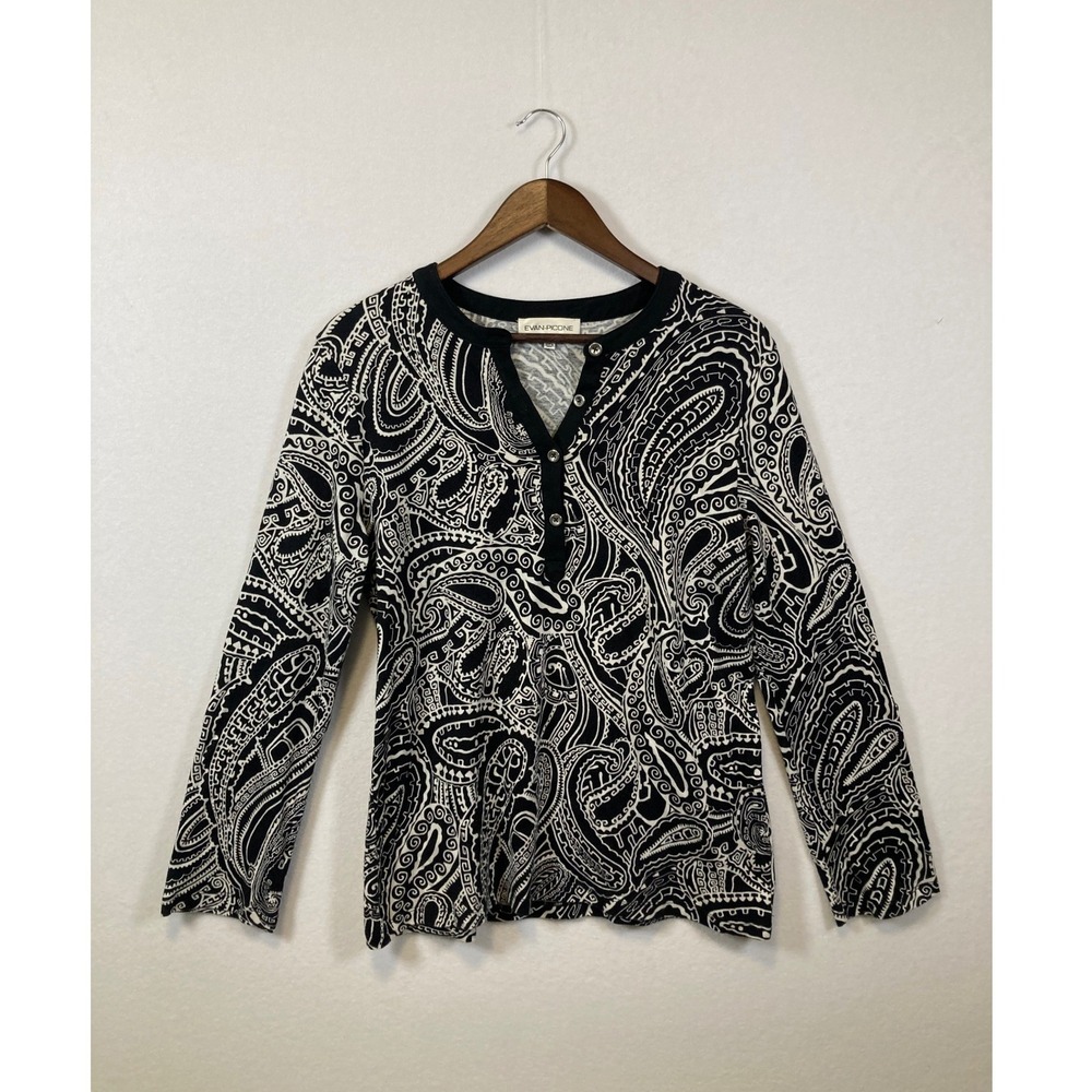 EVAN PICONE Womens‎ Black White Paisley Print Long Sleeve Button Neck Top XL